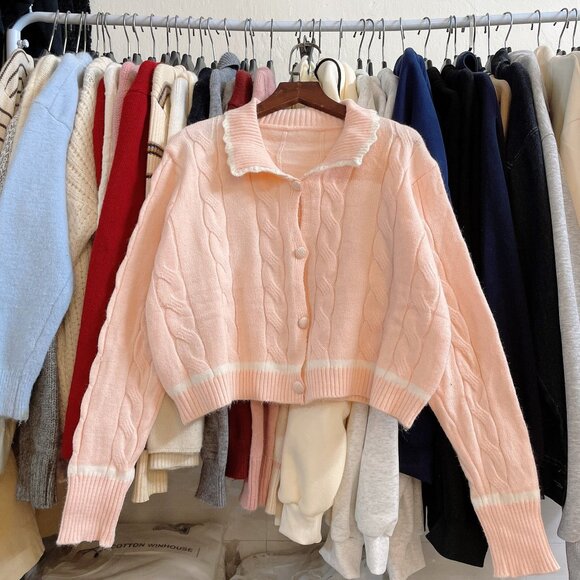 Boutique Sweaters - 🌸 Cute Pink Cable Knit Ruffle Collar Cardigan